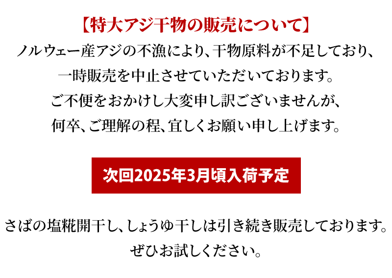 特大アジ干物の販売について